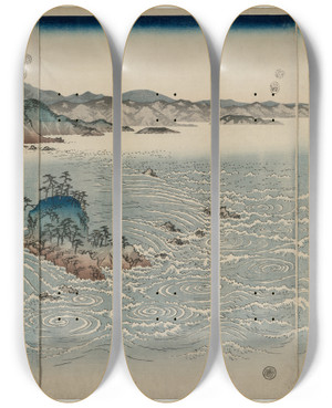 Triptych art skateboard deck of And Hiroshige The Whirlpools Of Awa by Ando Hiroshige (1797-1858)