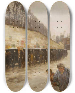 Triptych art skateboard deck of Childe Hassam Une Averserue Bonaparte by Childe Hassam (1859-1935)