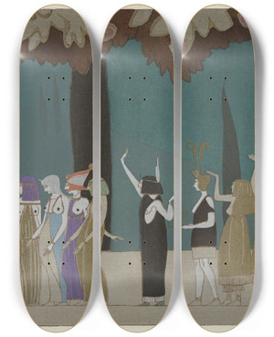Triptych art skateboard deck of Charles Martin Aphrodite Dans Les Jardins De La Desse by Charles Martin (1884-1934)
