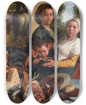 Triptych art skateboard deck of Pieter Aertsen The Fat Kitchen An Allegory by Pieter Aertsen (1508-1575)