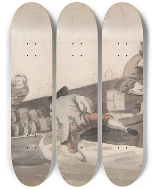 Triptych art skateboard deck of Samuel Scott Men Loading A Boat With Barrels by Samuel Scott (1697-1772)