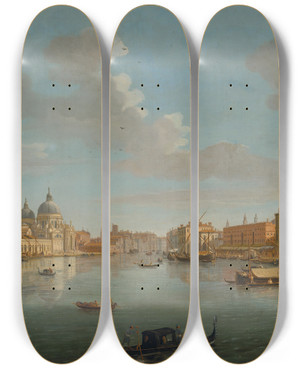 Triptych art skateboard deck of Gaspar Van Wittel The Molo Venice Looking West Towards The Entrance Of The Grand Canal by Gaspar Van Wittel (1653-1736)