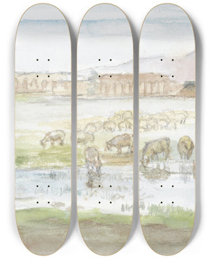 Triptych art skateboard deck of Jozef Israls Vlakte Met Schapen Op De Achtergrond Runes Van Een Aquaduct by Jozef Israels (1824-1911)