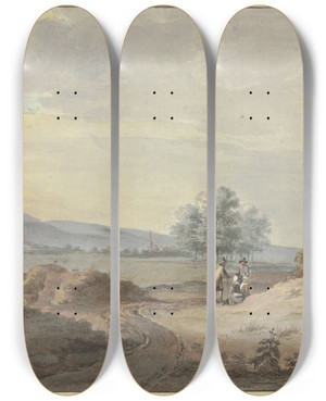 Triptych art skateboard deck of Gerrit Toorenburgh Rechts Ein Sandabhang Mit Einem Drren Baum An Dessen Fue Zwei Frauen Und Zwei Mnner Sich Unterhalten by Gerrit Toorenburgh (1732-1785)