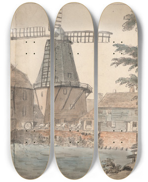 Triptych art skateboard deck of Capt Francis Grose The Windmill Wandsworth Surrey by Capt Francis Grose (1731-1791)