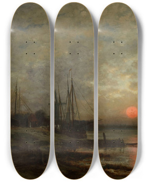 Triptych art skateboard deck of Auguste Anastasi Coucher De Soleil En Hollande by Auguste Anastasi (1820-1889)