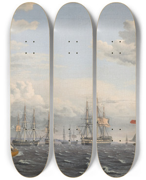 Triptych art skateboard deck of Christoffer Wilhelm Eckersberg A Russian Fleet At Anchor Near Elsinore by Christoffer Wilhelm Eckersberg (1783-1853)