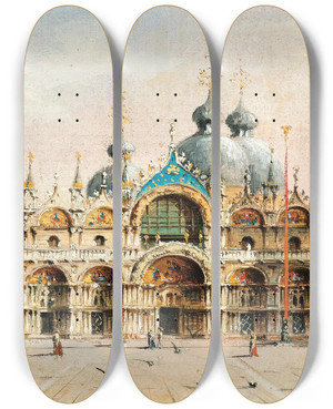 Triptych art skateboard deck of Marco Grubas Venice View Of St Marks Square by Marco Grubas (1839-1910)