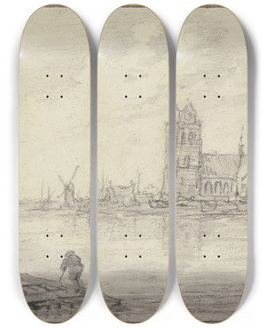 Triptych art skateboard deck of Aelbert Cuyp Rafters Off Dordrecht by Aelbert Cuyp (1620-1691)