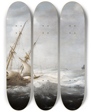 Triptych art skateboard deck of Jan Porcellis Ships In A Storm On A Rocky Coast by Jan Porcellis (1584-1632) Triptych art skateboard deck of Jan Porcellis Ships In A Storm On A Rocky Coast by Jan Porcellis (1584-1632)
