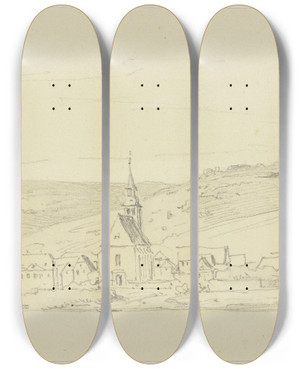 Triptych art skateboard deck of Jakob Becker Village Surrounded By Mountains by Jakob Becker (1810-1872)