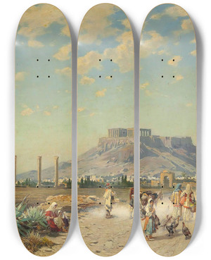 Triptych art skateboard deck of Hermann David Salomon Corrodi The Acropolis Athens by Hermann David Salomon Corrodi (1844-1905)