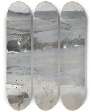 Triptych art skateboard deck of Edwin Austin Abbey Landscape With Cow Inforeground by Edwin Austin Abbey (1852-1911)