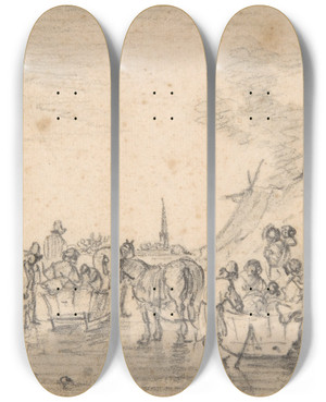 Triptych art skateboard deck of Jan Van Goyen River Landscape In Winter With Figures Skating And Sleds by Jan Van Goyen (1596-1656)