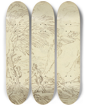 Triptych art skateboard deck of Abraham Genoels Ii Ein Satyr Geht Auf Ein Weib Los Das Hinter Einem Baum Steht by Abraham Genoels Ii (1640-1723)