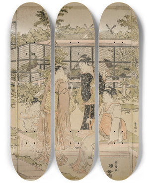 Triptych art skateboard deck of Toyokuni Utagawa Visitors To The Shika Tea House by Toyokuni Utagawa (1769-1825)