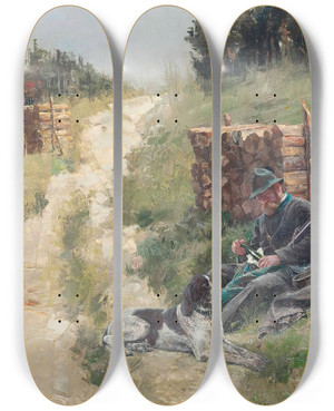 Triptych art skateboard deck of Jaroslav Vn A Hunter Taking Refreshment by Jaroslav Vesin (1860-1915)