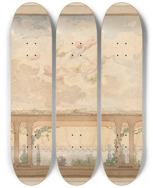 Triptych art skateboard deck of Julesedmondcharles Lachaise Design For A Ceiling Painted With A Trompe Loeil Awning And Putti In Clouds by Jules-Edmond-Charles Lachaise (1897)