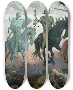 Triptych art skateboard deck of Victor Mikhailovich Vasnetsov Four Horsemen Of The Apocalypse by Victor Mikhailovich Vasnetsov (1848-1926)