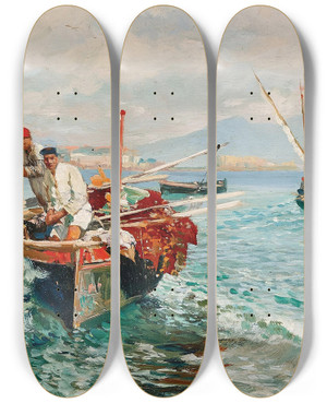 Triptych art skateboard deck of Attilio Pratella Fishermen By The Coast Of Naples by Attilio Pratella (1856-1949)