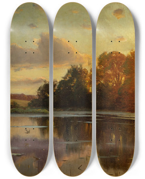 Triptych art skateboard deck of Peder Mrk Mnsted Sunset At Orholm by Peder Mork Monsted (1859-1941)