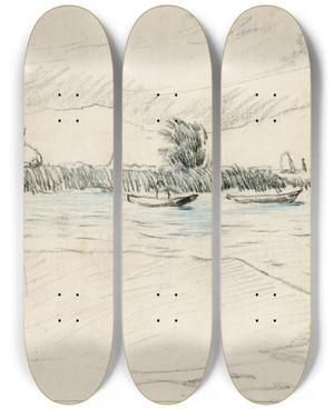 Triptych art skateboard deck of Adolf Le Comte Meer Met Enkele Roeibootjes by Adolf Le Comte (1850-1921)