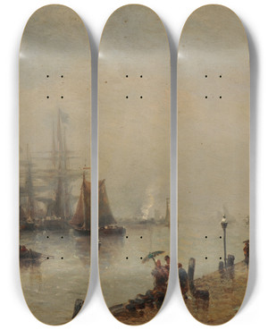 Triptych art skateboard deck of Franois Musin Quai Flessingue Journe De Pluie by Francois Musin (1820-1888)