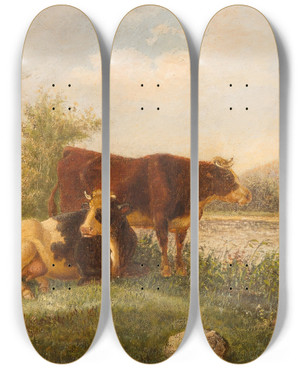 Triptych art skateboard deck of Edmund Mahlknecht Pasturing Cows by Edmund Mahlknecht (1820-1903)