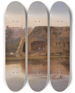 Triptych art skateboard deck of William Havell On The Kennet Reading by William Havell (1782-1857)