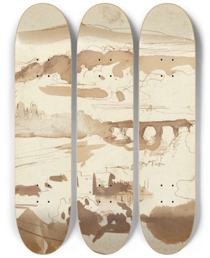 Triptych art skateboard deck of Eugne Delacroix Landscape With An Aqueduct by Eugene Delacroix (1798-1863)