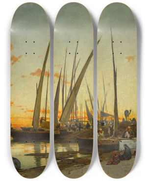 Triptych art skateboard deck of Hermann David Salomon Corrodi Feluccas On The Nile by Hermann David Salomon Corrodi (1844-1905)