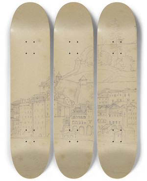 Triptych art skateboard deck of Nikolaus Hoff View Of Salzburg by Nikolaus Hoff (1798-1873)
