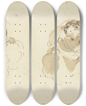 Triptych art skateboard deck of Guercino Two Angels In Clouds by Guercino (1591-1666)