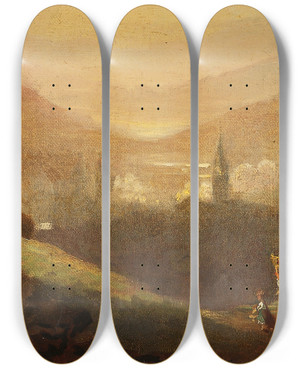 Triptych art skateboard deck of Carl Spitzweg Berglandschaft Mit Sennerin Und Kind by Carl Spitzweg (1808-1880)