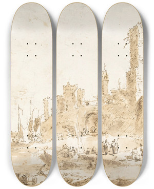 Triptych art skateboard deck of Francesco Guardi Capriccio With A Seaport And Classical Ruins by Francesco Guardi (1712-1793)