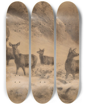 Triptych art skateboard deck of Franz Xaver Von Pausinger Rotwild Im Winter by Franz Xaver von Pausinger (1839-1915)