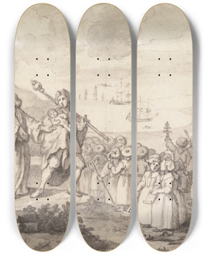 Triptych art skateboard deck of William Hogarth Study For The Foundlings by William Hogarth (1697-1764)