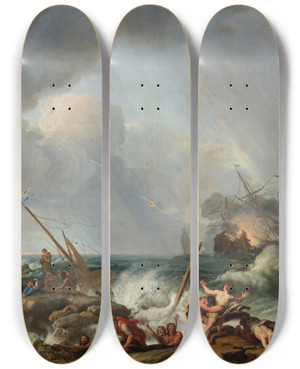 Triptych art skateboard deck of Adrien Manglard A Storm On A Rocky Coast by Adrien Manglard (1695-1760)
