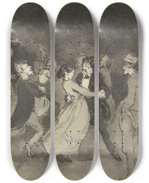 Triptych art skateboard deck of Hans Thoma Dancing Couples In An Inn by Hans Thoma (1839-1924)