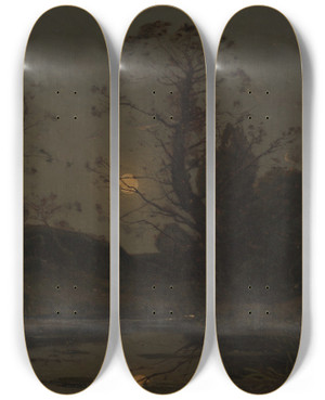 Triptych art skateboard deck of Henrijoseph Harpignies Moonrise by Henri Joseph Harpignies (1819-1916)