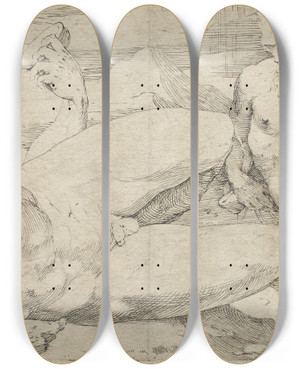 Triptych art skateboard deck of Domenico Beccafumi Three Male Nudes_1 by Domenico Beccafumi (1486-1551)