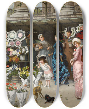 Triptych art skateboard deck of Wadysaw Bakaowicz A Flower Market At La Madeleine Paris by Wladyslaw Bakalowicz (1831-1904)
