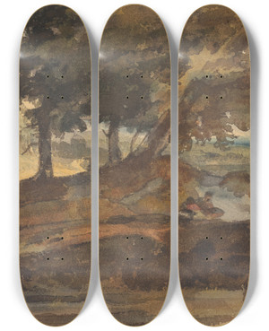 Triptych art skateboard deck of Thomas Sully Landscape With Knoll With Trees Figure On Horseback by Thomas Sully (1783-1872)