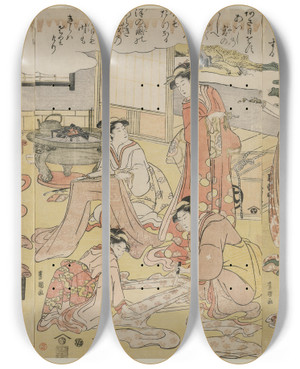 Triptych art skateboard deck of Toyokuni Utagawa Women Making Clothing by Toyokuni Utagawa (1769-1825)
