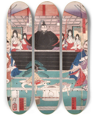 Triptych art skateboard deck of Tsukioka Yoshitoshi The Great Conference On The Conquest Of Korea by Tsukioka Yoshitoshi (1839-1892)