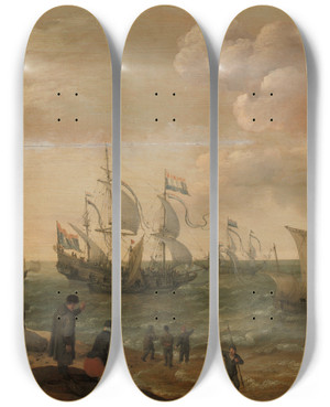 Triptych art skateboard deck of Adam Willaerts Ships Along The Shore by Adam Willaerts (1577-1664)