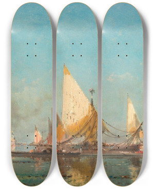 Triptych art skateboard deck of Henri Duvieux Venice Sailors In The Bacino by Henri Duvieux (1855-1882)