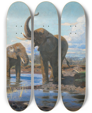 Triptych art skateboard deck of Wilhelm Kuhnert Elephants At A Waterhole by Wilhelm Kuhnert (1865-1926)