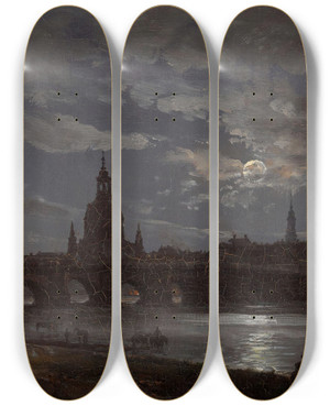 Triptych art skateboard deck of Johan Christian Dahl View Of Dresden By Moonlight_2 by Johan Christian Dahl (1788-1857)