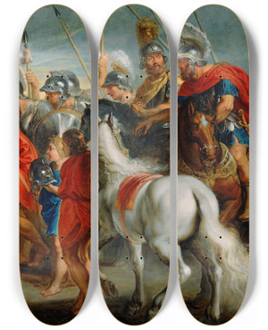 Triptych art skateboard deck of Follower Of Peter Paul Rubens David Meeting Abigail by Follower Of Peter Paul Rubens (1577-1640)